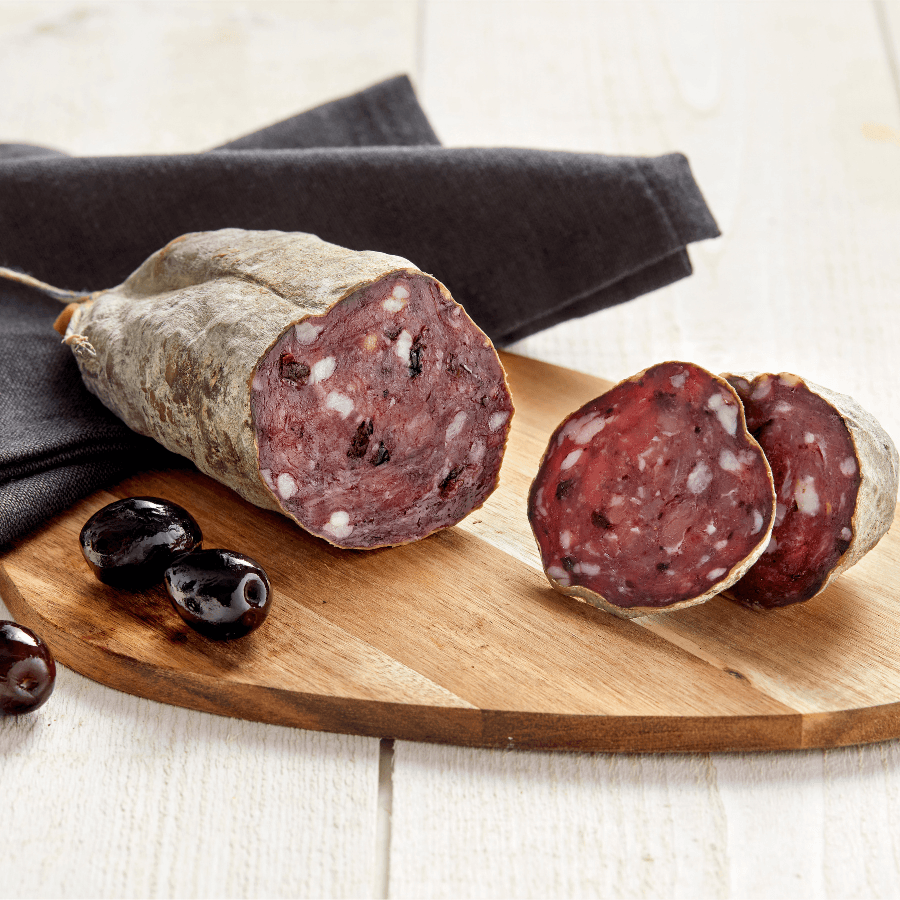 Saucisson sec mit schwarzen Oliven aus Nyons g.U.